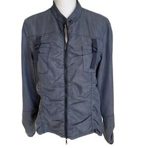 Lafayette 148 Jacket Women's Size 12 Navy Buckles Ruched Utility Zip Lightweight